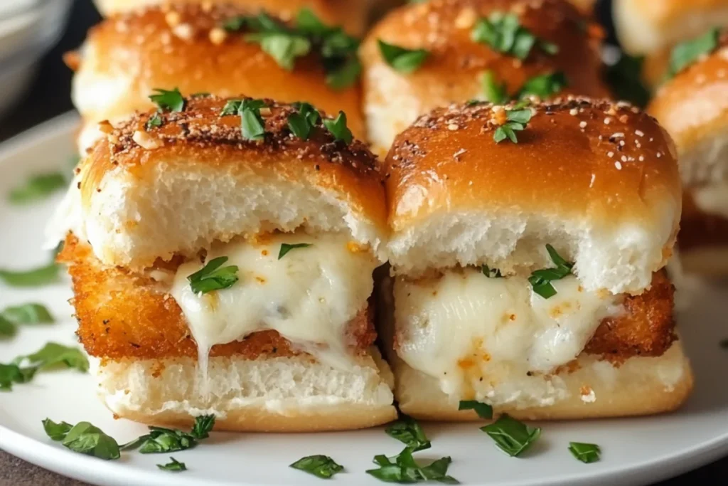 Mozzarella Stick Sliders – Crispy mozzarella sticks layered in soft slider buns with marinara sauce and fresh basil, served on a wooden platter.