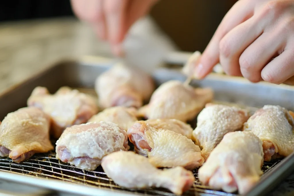 Raw chicken pieces being marinated in buttermilk in a glass bowl, ready for coating.