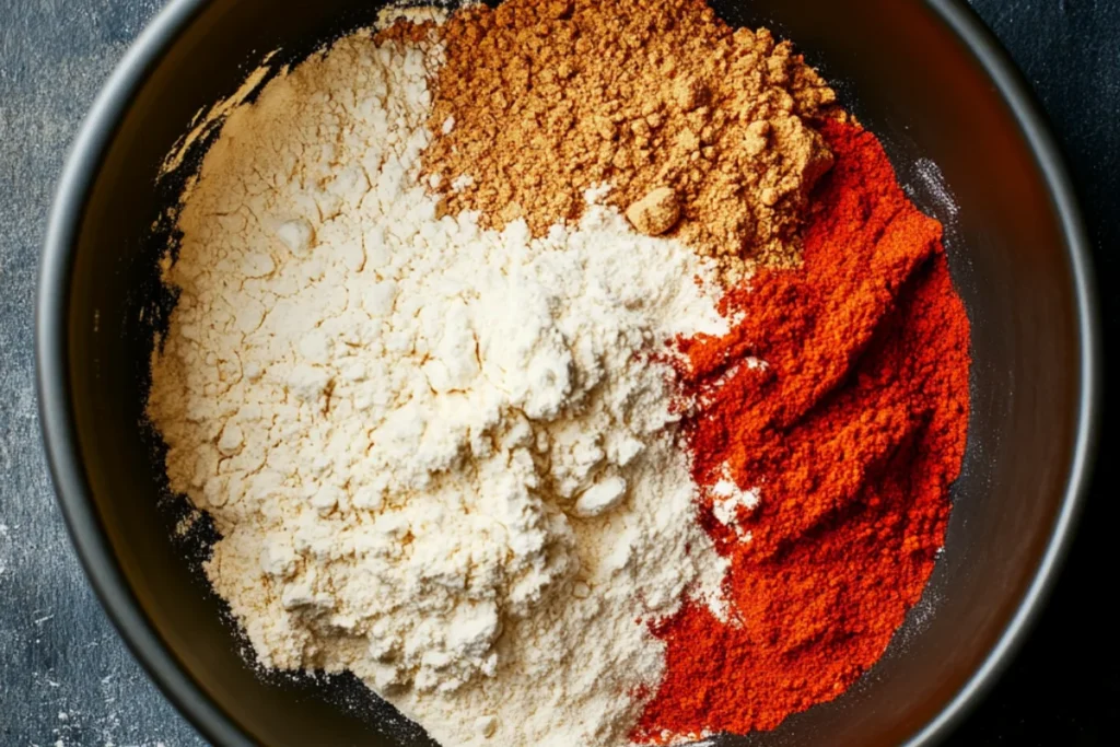 Seasoned flour mix in a large bowl, combining flour, cornstarch, and spices for the perfect crispy coating.