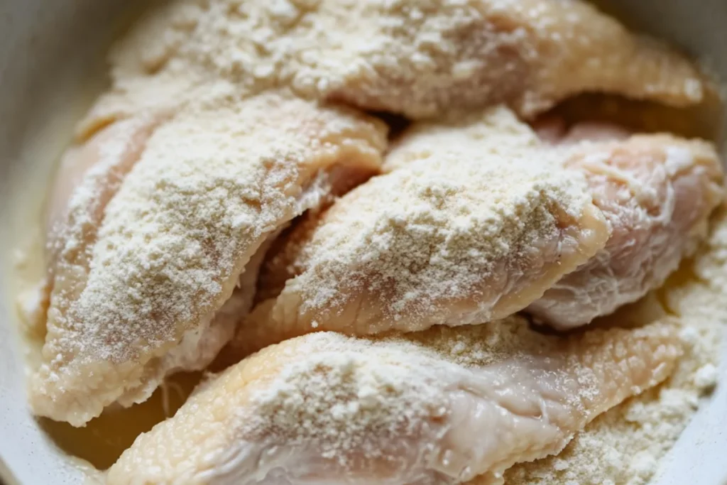"Coating the chicken in a seasoned flour mixture for a crispy, flavorful crust."