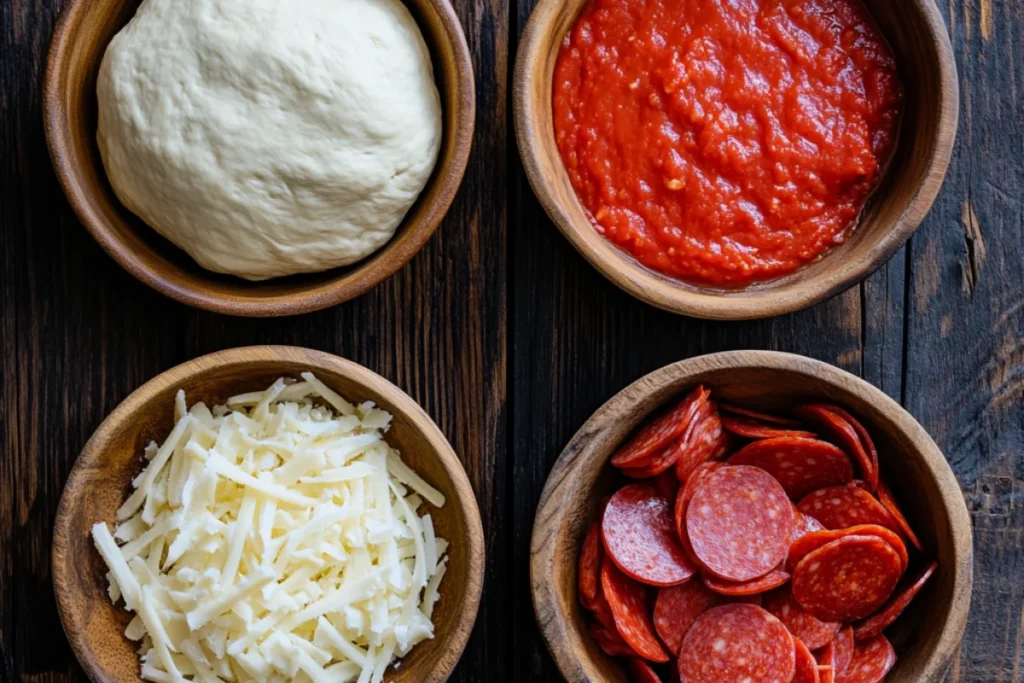 Four wooden bowls with pizza ingredients: dough, tomato sauce, shredded mozzarella cheese, and sliced pepperoni on a rustic wooden table.