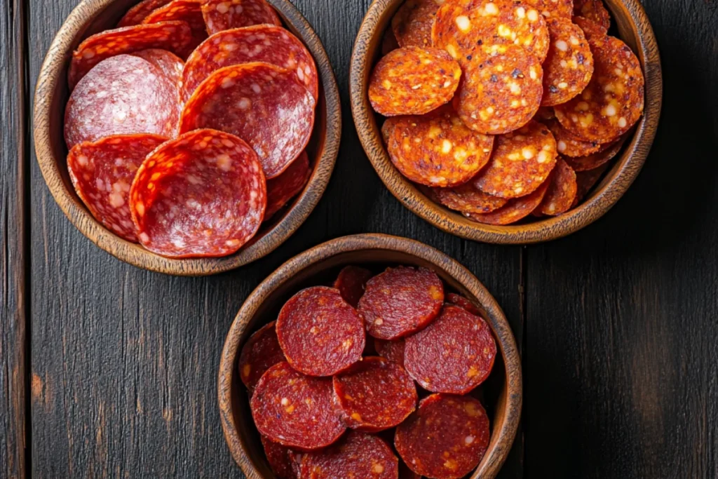 Three wooden bowls on a rustic table, each holding a different type of pepperoni: classic flat slices, cup-and-char with crispy edges, and spicy pepperoni with seasoning flecks.