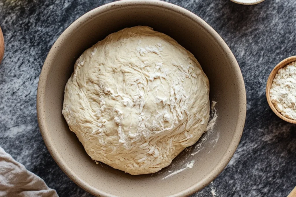 A bowl with flour, yeast, and salt being mixed with warm water and olive oil, forming pizza dough. Hands kneading until smooth, set to rise for an hour.