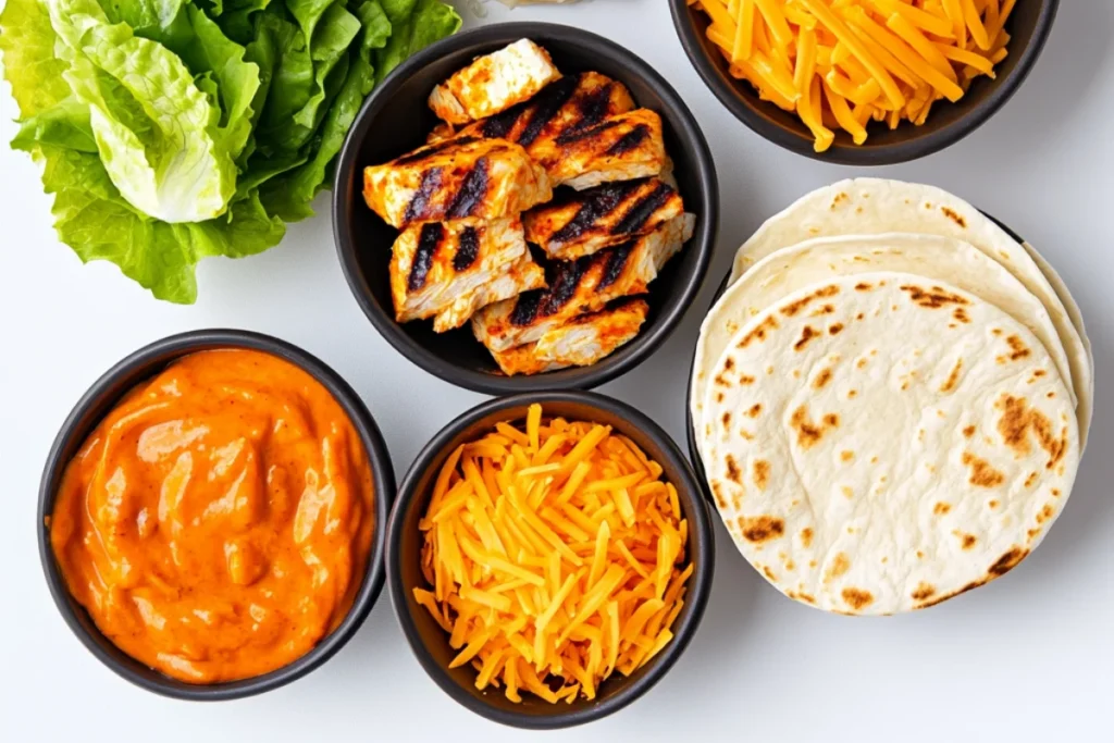 Top-down view of five separate bowls containing grilled chicken with char marks, vibrant orange buffalo sauce, fresh green lettuce, shredded cheddar cheese, and soft folded tortillas, all arranged on a clean white background.