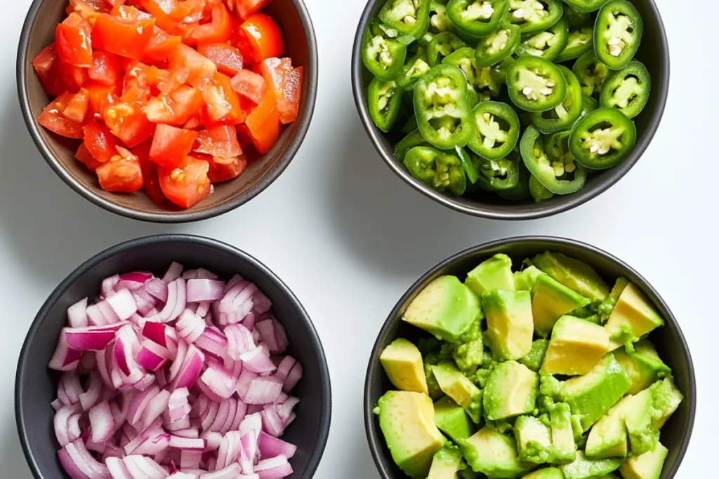 Top-down view of five separate bowls containing diced tomatoes, sliced avocado, thinly sliced red onion, and sliced jalapeños, all arranged on a clean white background.