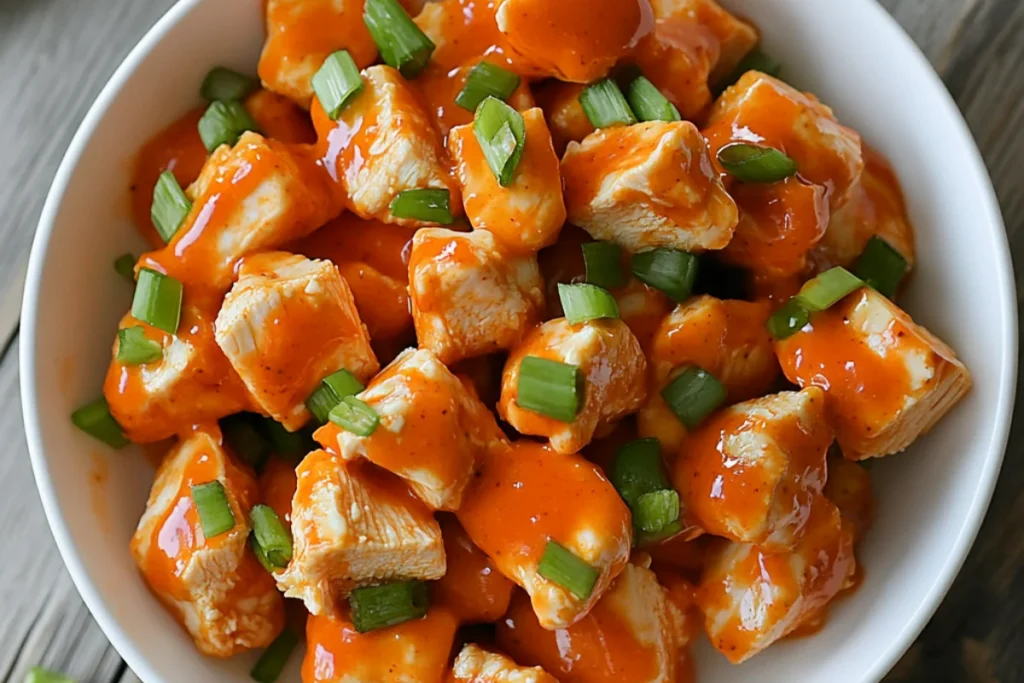 Bite-sized pieces of grilled chicken tossed in warm buffalo sauce, fully coated in a spicy, tangy glaze
