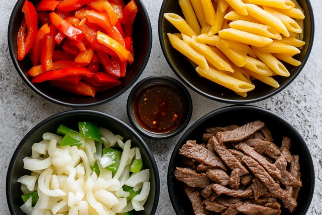 "Four black bowls on a white surface, each containing key ingredients for Philly Cheesesteak Pasta. One bowl holds thinly sliced ribeye beef, another is filled with cooked penne pasta. A third bowl contains a mix of chopped bell peppers and onions, while the last bowl has minced garlic alongside a small dish of Worcestershire sauce. Fresh, vibrant, and neatly arranged ingredients ready for cooking.