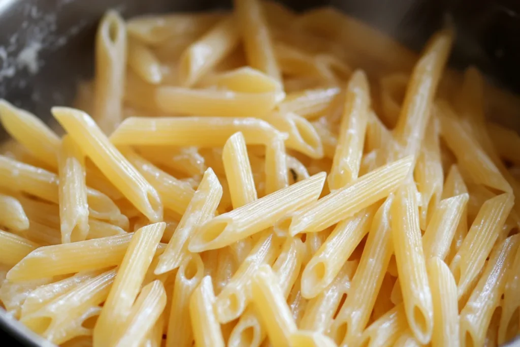 A pot of boiling salted water with pasta cooking until al dente. The pasta is being stirred to ensure even cooking, ready to be drained and set aside for the next step in the recipe.