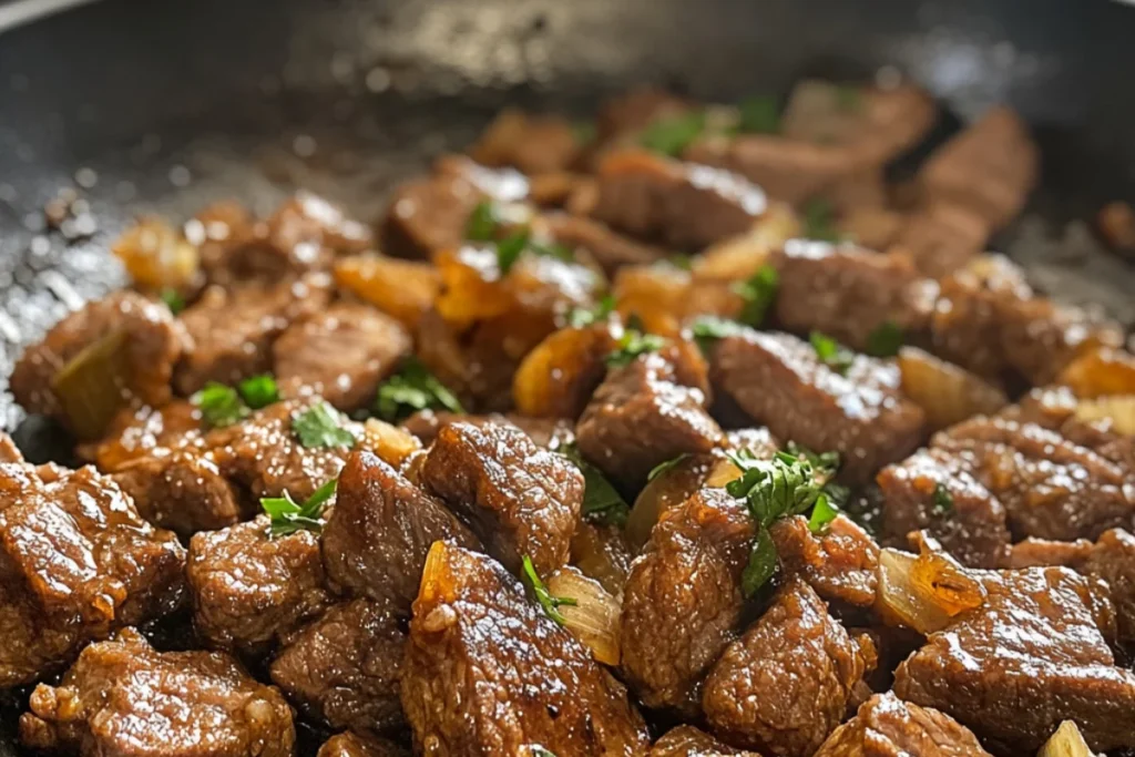 Thinly sliced beef sizzling in a hot pan, being sautéed to a perfect brown. The beef is cooking evenly, releasing its rich flavors, ready to be combined with other ingredients.