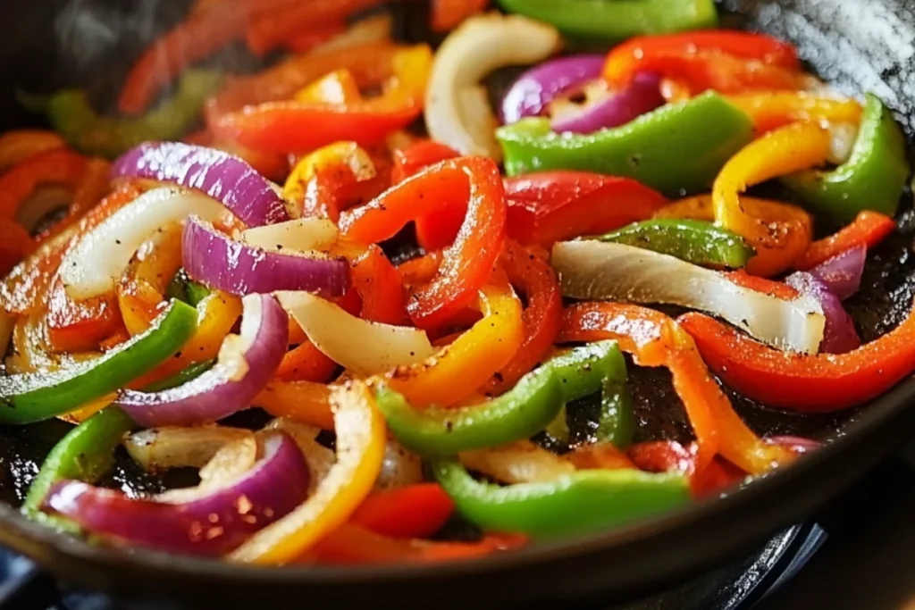 Sliced bell peppers and onions sautéing in a pan, becoming tender and slightly caramelized. The vibrant colors and rich aroma enhance the dish’s flavor.