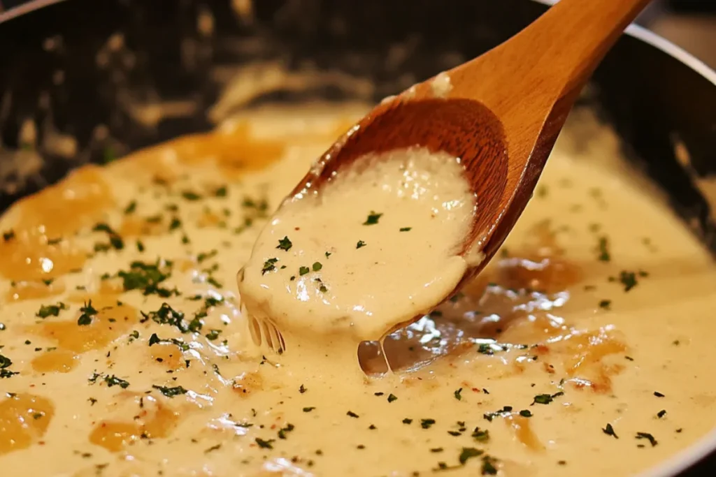 A creamy cheese sauce being stirred in a pan, melting smoothly into a rich, velvety texture. The sauce is thickening, ready to coat the pasta for a deliciously cheesy dish.