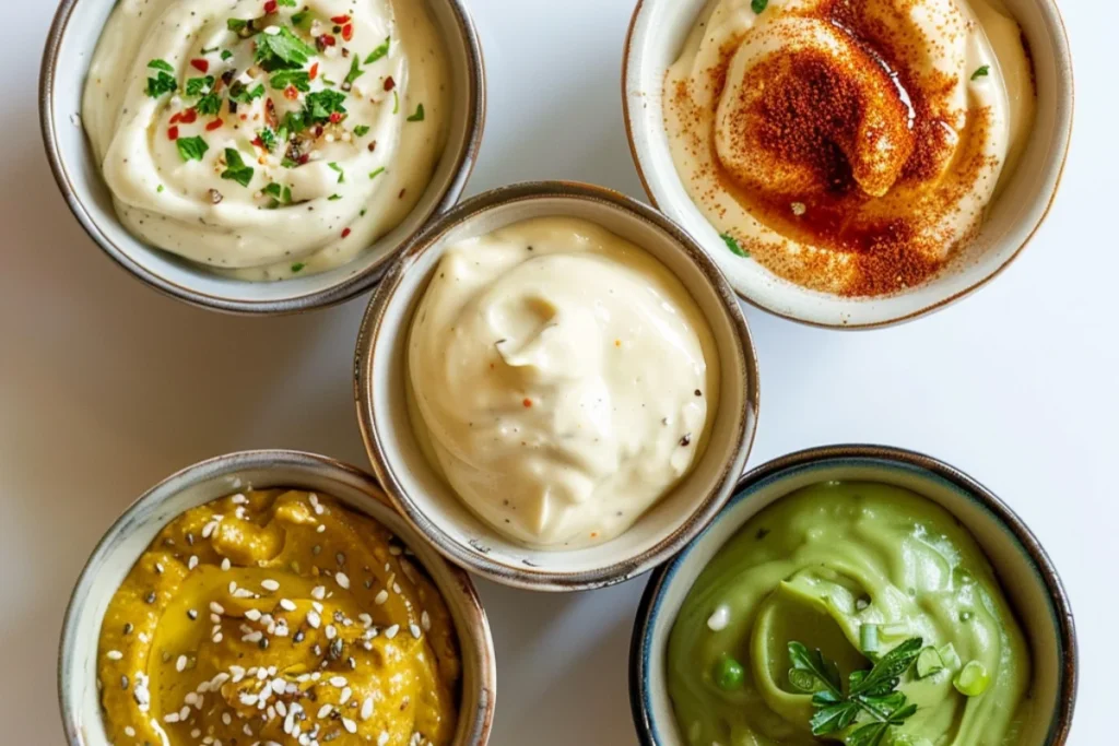 A top-down view of five bowls with cream cheese, Dijon mustard, horseradish sauce, garlic aioli, and mashed avocado. Natural lighting highlights the creamy textures and vibrant colors on a clean, white surface.