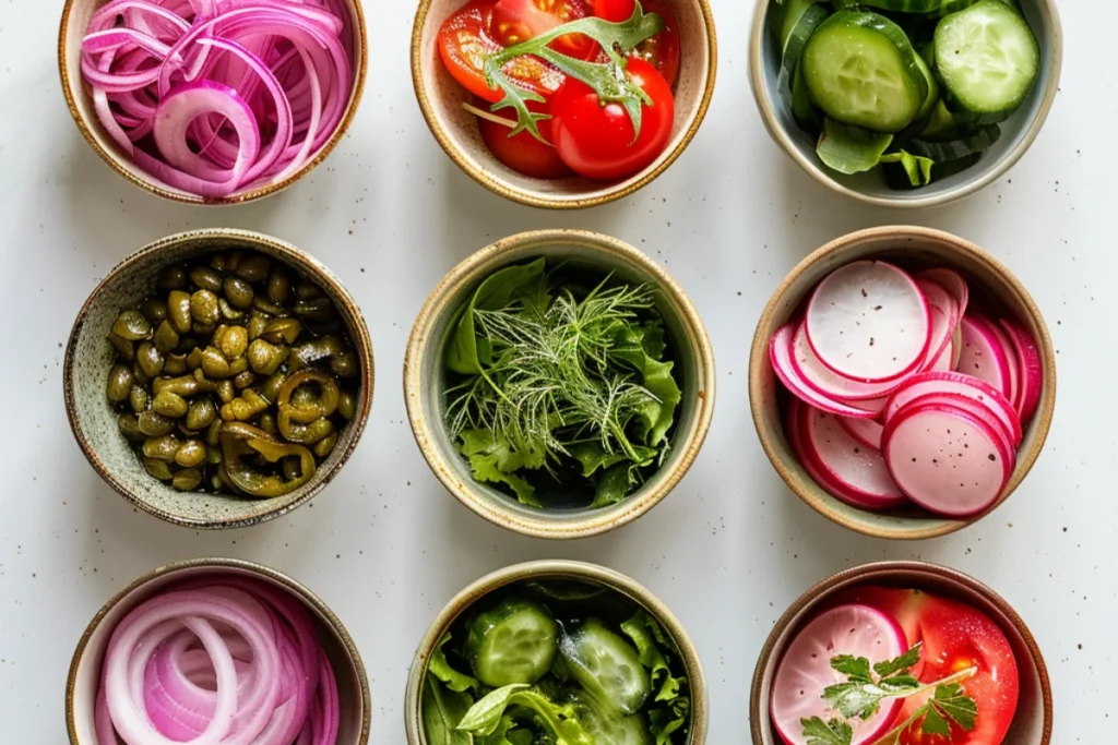 A top-down view of five bowls with cream cheese, Dijon mustard, horseradish sauce, garlic aioli, and mashed avocado. Natural lighting highlights the creamy textures and vibrant colors on a clean, white surface.