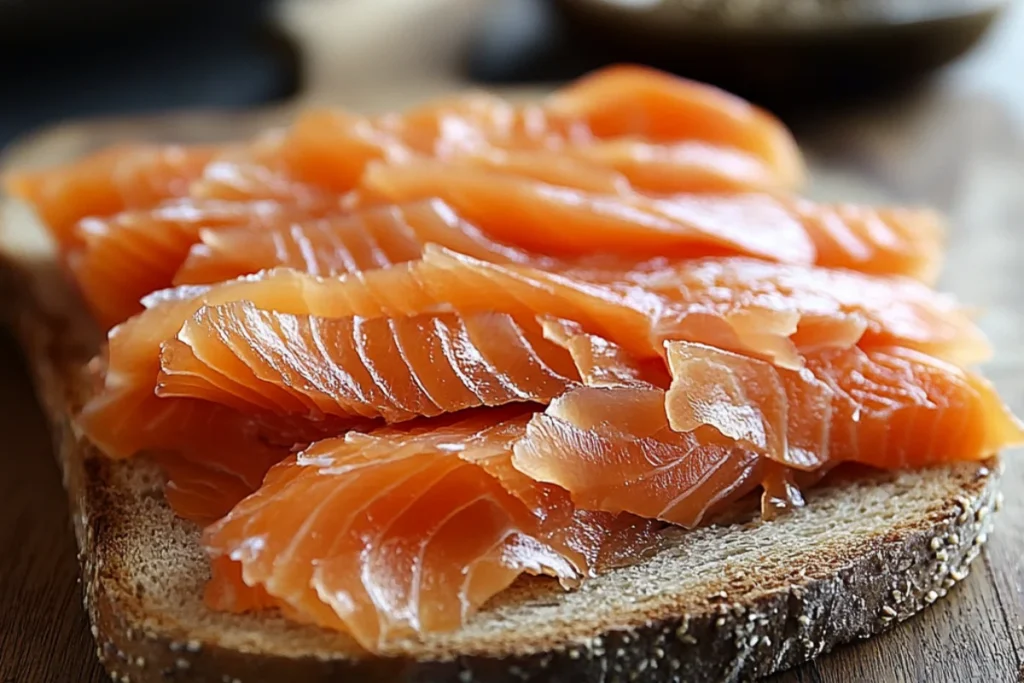 Gently layered smoked fish on the bottom slice of bread, showcasing its flaky texture and rich color. The layers of smoked fish are arranged neatly, highlighting their natural sheen and delicate structure.