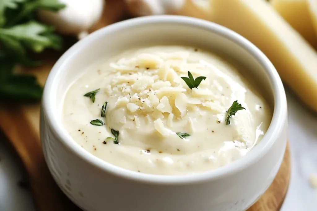 A small bowl of creamy Garlic Parmesan Sauce with a smooth, velvety texture. The sauce is speckled with minced garlic and grated Parmesan, with a slight drizzle of olive oil on top. Natural lighting highlights its rich, savory appeal, with a blurred background featuring fresh herbs and a spoon for serving.