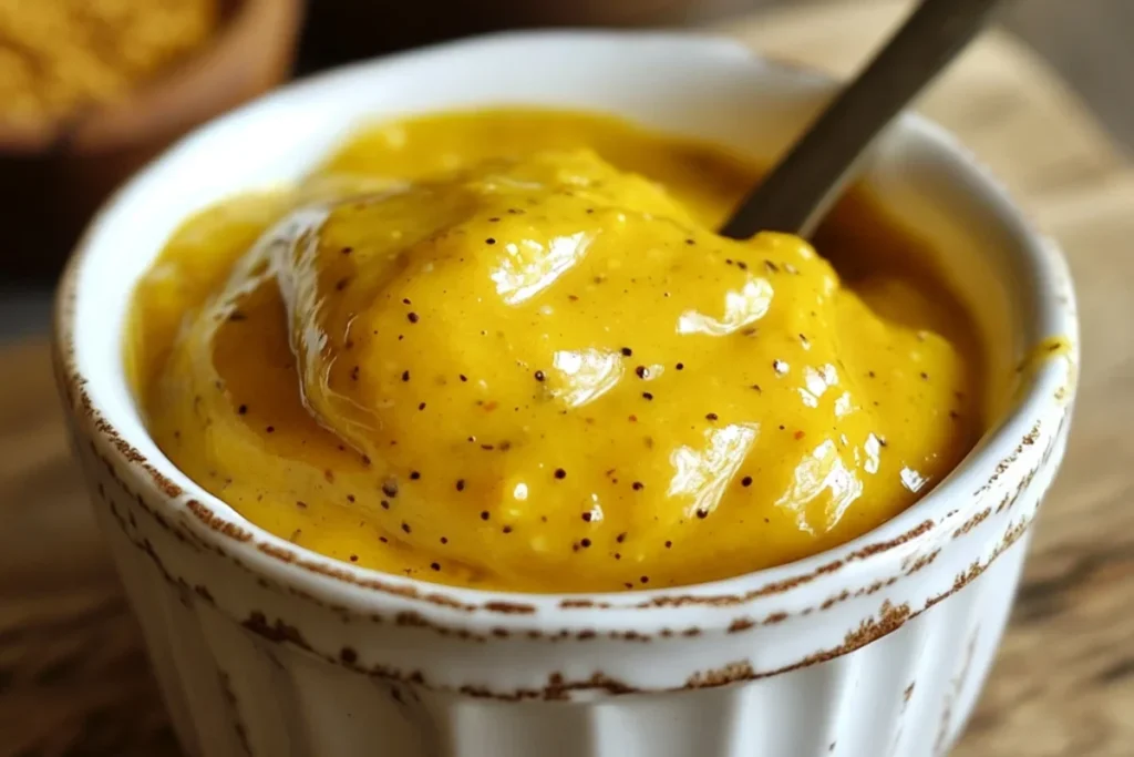 A small bowl of creamy honey mustard sauce with a smooth, golden texture. The sauce has a glossy finish, with a drizzle of honey on top for extra shine. Natural lighting enhances its rich color, with a blurred background featuring a spoon and fresh ingredients.