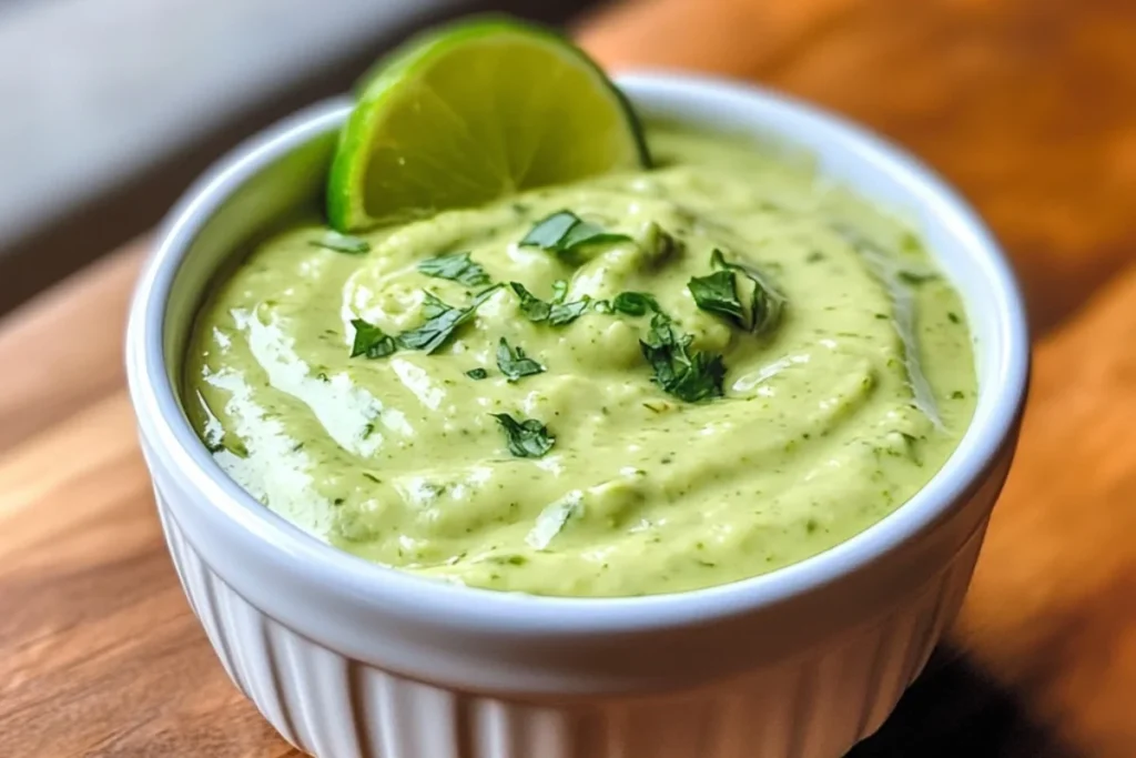 A small bowl of creamy honey mustard sauce with a smooth, golden texture. The sauce has a glossy finish, with a drizzle of honey on top for extra shine. Natural lighting enhances its rich color, with a blurred background featuring a spoon and fresh ingredients.