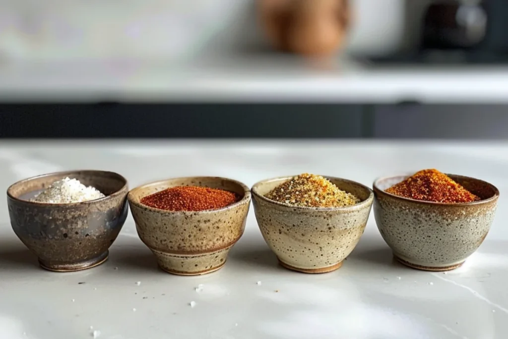 A front-view image of five small bowls, each filled with a different seasoning: paprika, garlic powder, onion powder, salt, and black pepper. The spices are neatly arranged on a clean white kitchen countertop, with soft natural lighting highlighting their rich colors and textures.