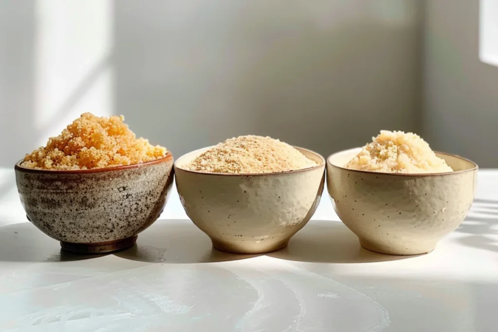 A front-view image of three small bowls, each filled with a different gluten-free coating ingredient: breadcrumbs, crushed cornflakes, and almond flour. The bowls are placed on a clean white kitchen countertop, with soft natural lighting highlighting their unique textures and colors.