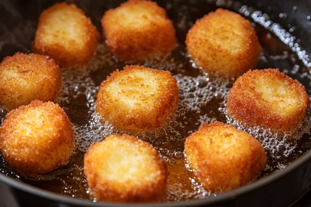 Frying chicken nuggets in a pan, sizzling to a crispy golden brown. Each nugget is cooked for 3-4 minutes per side, developing a crunchy, evenly browned coating. The natural lighting highlights the rich, golden texture as they cook.