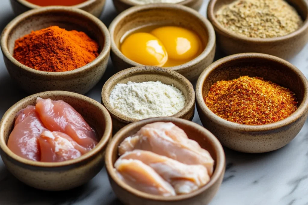 Rustic ceramic bowls on a marble countertop, each filled with ingredients for crispy fried chicken, including chicken breasts, buttermilk, eggs, hot sauce, flour, cornstarch, and spices.