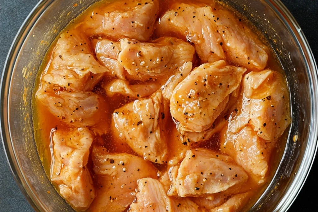 Chicken breasts marinating in a seasoned buttermilk mixture.