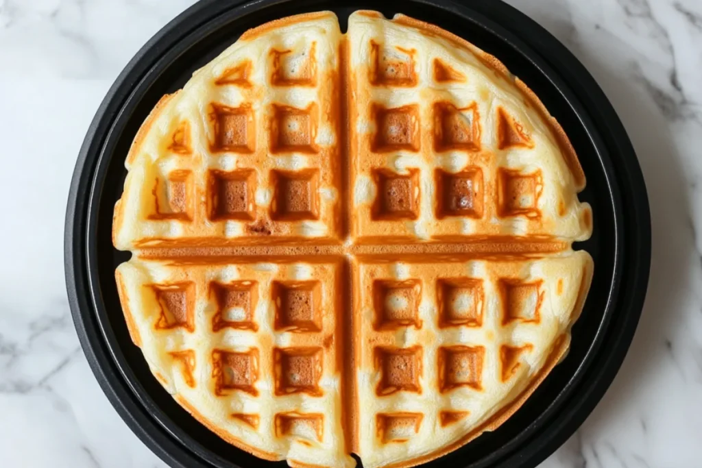 Golden waffle batter being poured into a hot waffle iron.