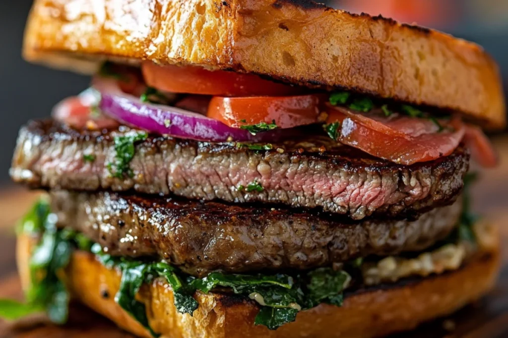 A juicy Ribeye Steak Sandwich with thinly sliced ribeye, melted cheese, caramelized onions, and fresh arugula on a toasted brioche bun, served on a wooden board.