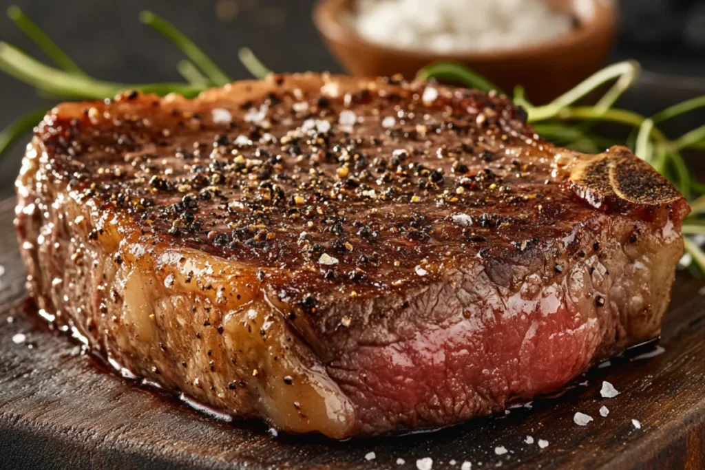 Seasoning a raw ribeye steak with kosher salt, freshly ground black pepper, and garlic powder on a wooden cutting board, ready for cooking.