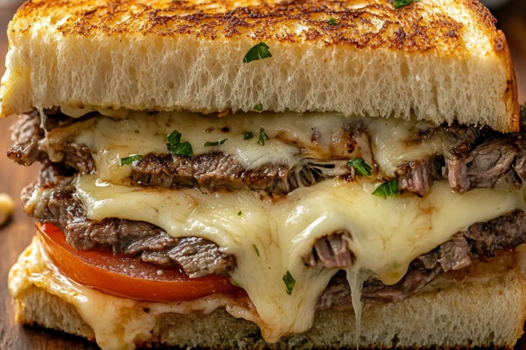 Assembling the ultimate Ribeye Steak Sandwich with thinly sliced ribeye, melted cheese, caramelized onions, slice of tomato and fresh arugula on a toasted bun.
