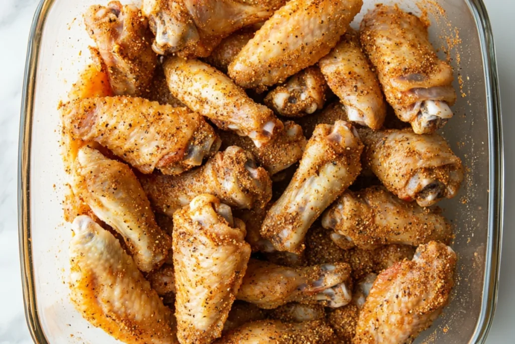 A set of rustic ceramic bowls on a marble countertop, each filled with ingredients for crispy air fryer chicken wings, including raw chicken wings, baking powder, salt, pepper, garlic powder, paprika, and oil spray.