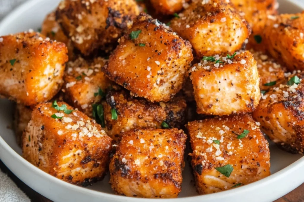 Close-up of crispy, golden-brown Air Fryer Salmon Bites served on a plate. The tender, flaky salmon is coated in a flavorful seasoning and crunchy