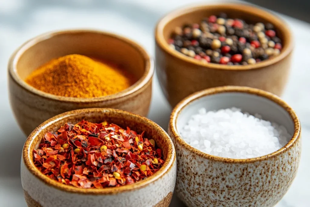 A close-up of ceramic bowls filled with various spices on a marble countertop. One bowl contains fine white garlic powder, another holds deep red paprika, a third is filled with a mix of coarse salt and freshly ground black pepper, and the last bowl contains vibrant red cayenne pepper flakes. The spices are arranged neatly, showcasing their rich colors and textures in a well-lit setting.