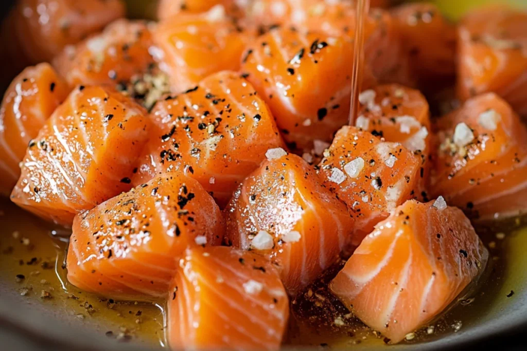 A bowl of fresh salmon bites being seasoned with olive oil or avocado oil, sprinkled with garlic powder, paprika, salt, black pepper, and optional cayenne or honey. The spices evenly coat the salmon, enhancing its rich color and texture. A cozy kitchen setting with natural lighting highlights the homemade preparation process.