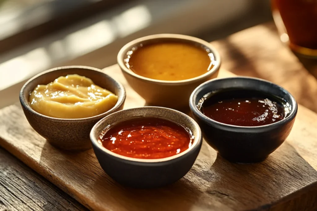 Amateur Reddit-style photo taken with an iPhone 11, showing four small bowls placed separately on a wooden surface. Each bowl contains a different ingredient: maple syrup, honey butter, hot sauce, and gravy. The lighting is natural and slightly uneven, capturing a homemade and casual feel.