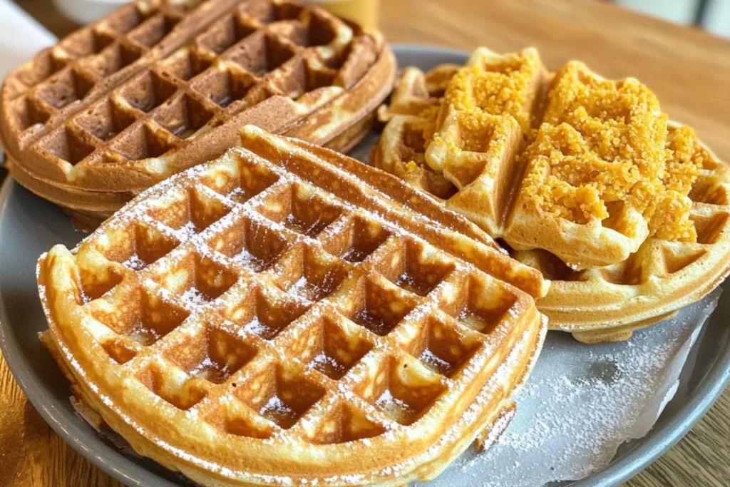 Amateur Reddit-style photo taken with an iPhone 11, featuring a close-up of three different types of waffles, each on a separate dish. On the left, golden-brown buttermilk waffles with a fluffy texture. In the center, thick Belgian waffles with deep pockets. On the right, cornbread waffles with a slightly crumbly, golden-yellow texture. Natural lighting gives the image a warm, homemade feel.