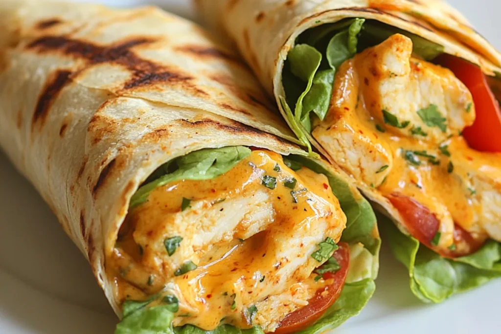 Two cheesy garlic chicken wraps on a rustic wooden board, golden-brown with crispy, melted cheese on top. The wraps are slightly open, revealing gooey cheese and juicy chicken inside, slice tomato,lettuce, garnished with fresh parsley.