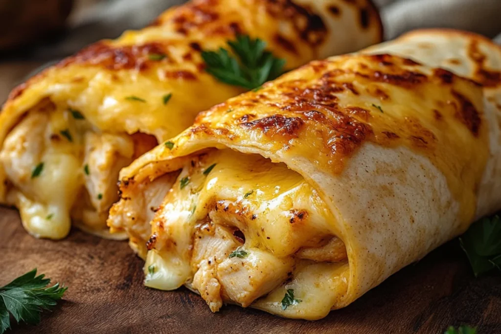 Two cheesy garlic chicken wraps on a rustic wooden board, golden-brown with crispy, melted cheese on top. The wraps are slightly open, revealing gooey cheese and juicy chicken inside, garnished with fresh parsley.