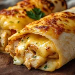 Two cheesy garlic chicken wraps on a rustic wooden board, golden-brown with crispy, melted cheese on top. The wraps are slightly open, revealing gooey cheese and juicy chicken inside, garnished with fresh parsley.