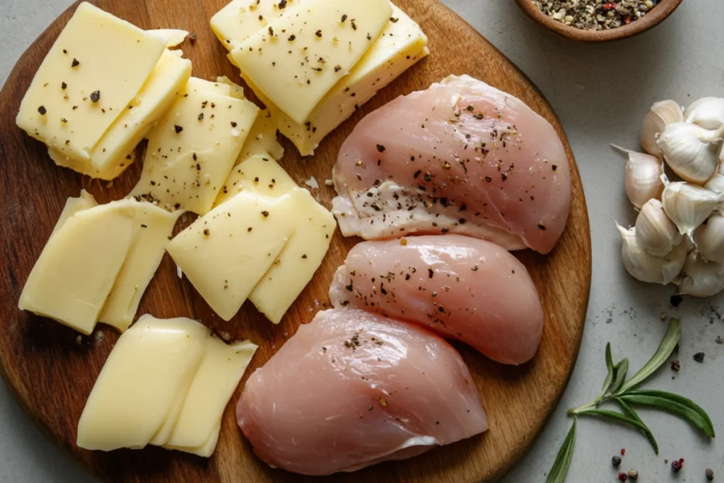 A rustic kitchen setting with three separate dishes showcasing the key ingredients for a cheesy garlic chicken wrap: juicy cooked chicken, shredded melted cheese, and rich garlic butter, placed on a wooden surface with natural lighting.