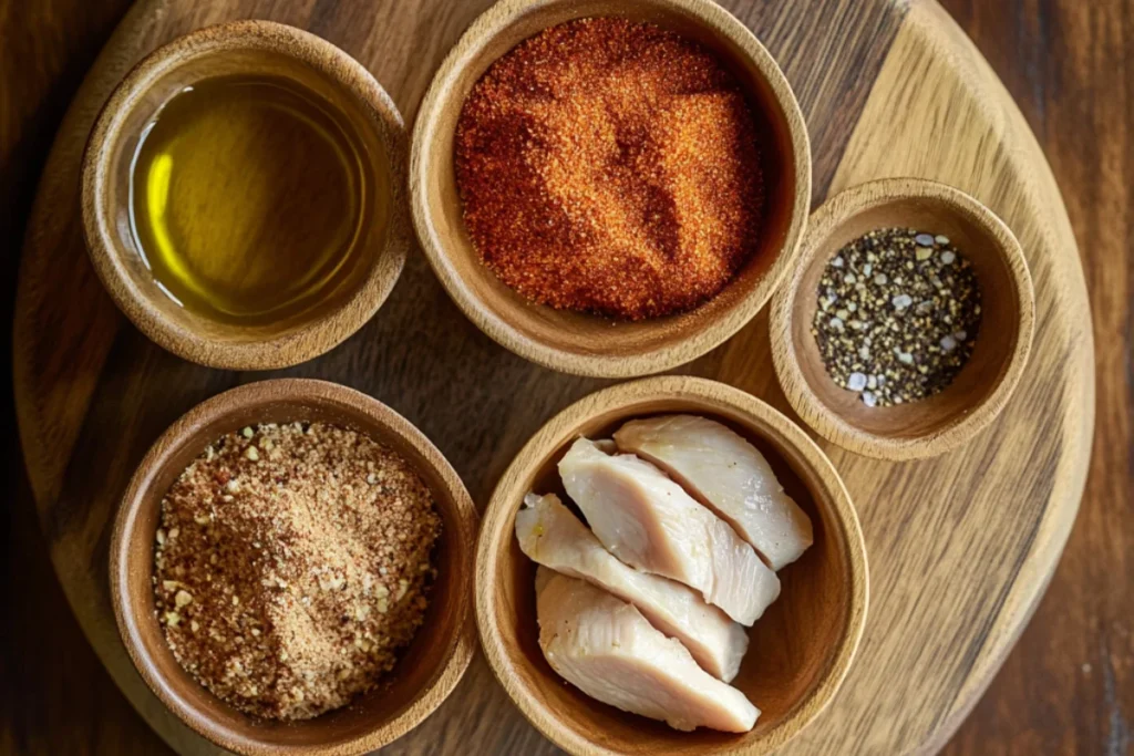 A rustic kitchen setup with four small bowls on a wooden board, each containing key ingredients for a chicken dish: diced chicken breast or thighs, garlic powder, paprika, and a mix of salt and black pepper, with a drizzle of olive oil nearby. Warm natural lighting enhances the homemade feel