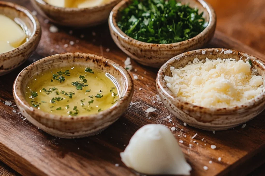 A rustic kitchen setup with four small dishes on a wooden board, each holding a key ingredient for garlic butter sauce: melted butter, minced garlic, chopped fresh parsley, and grated parmesan. Warm natural lighting enhances the cozy, homemade feel.