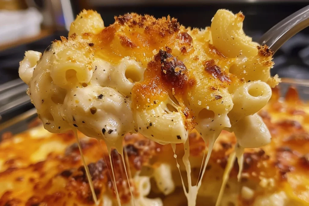 A close-up of a scoop of baked mac and cheese lifted with a fork, showing gooey, melted cheese stretching from the dish. The pasta is coated in a creamy cheese sauce and topped with golden, crispy breadcrumbs, with flecks of black pepper and herbs. The background features the rest of the bubbling mac and cheese in a casserole dish.