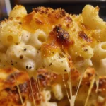 A close-up of a scoop of baked mac and cheese lifted with a fork, showing gooey, melted cheese stretching from the dish. The pasta is coated in a creamy cheese sauce and topped with golden, crispy breadcrumbs, with flecks of black pepper and herbs. The background features the rest of the bubbling mac and cheese in a casserole dish.
