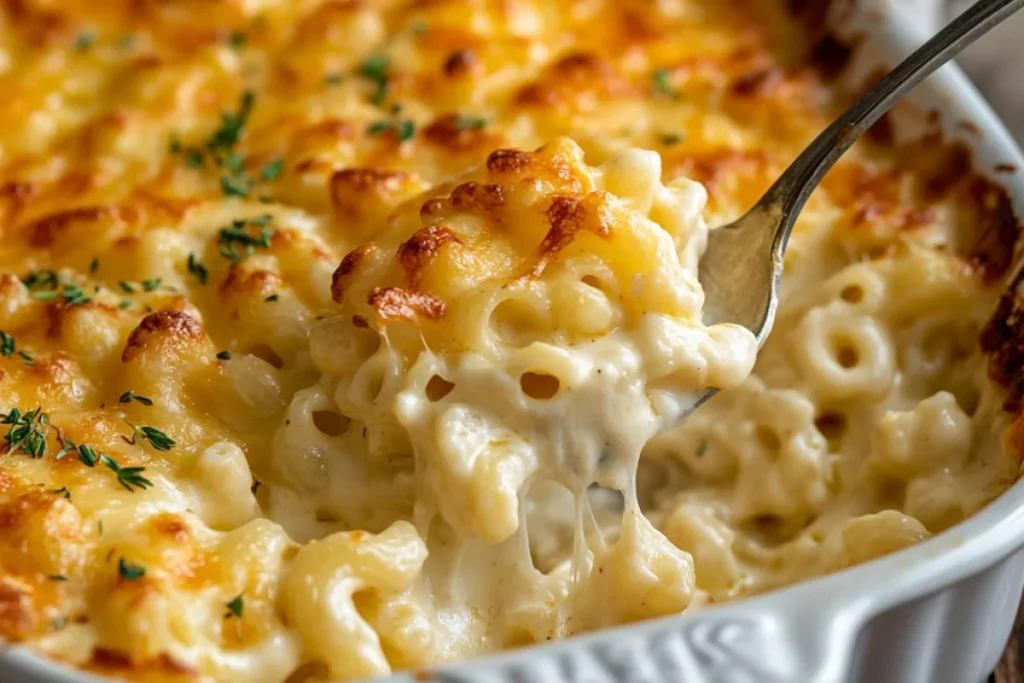A close-up of a scoop of baked mac and cheese lifted with a fork, showing gooey, melted cheese stretching from the dish. The pasta is coated in a creamy cheese sauce and topped with golden, crispy breadcrumbs, with flecks of black pepper and herbs. The background features the rest of the bubbling mac and cheese in a casserole dish.