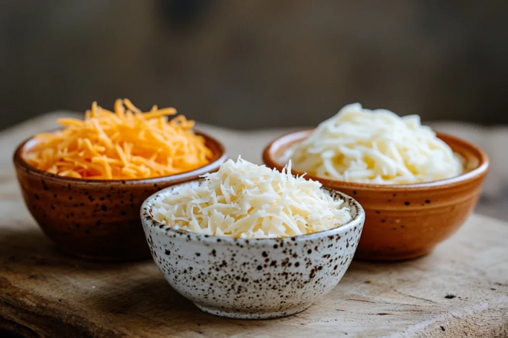 Three small ceramic bowls filled with different shredded cheeses—sharp cheddar (orange), mozzarella (milky white), and parmesan (off-white)—arranged on a rustic wooden board with soft natural lighting.