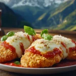 Air Fryer Chicken Parmesan on a white plate, featuring crispy golden breaded chicken cutlets topped with rich marinara sauce, gooey melted mozzarella, and a sprinkle of Parmesan cheese. Garnished with fresh basil, served on a rustic wooden table with soft natural lighting.