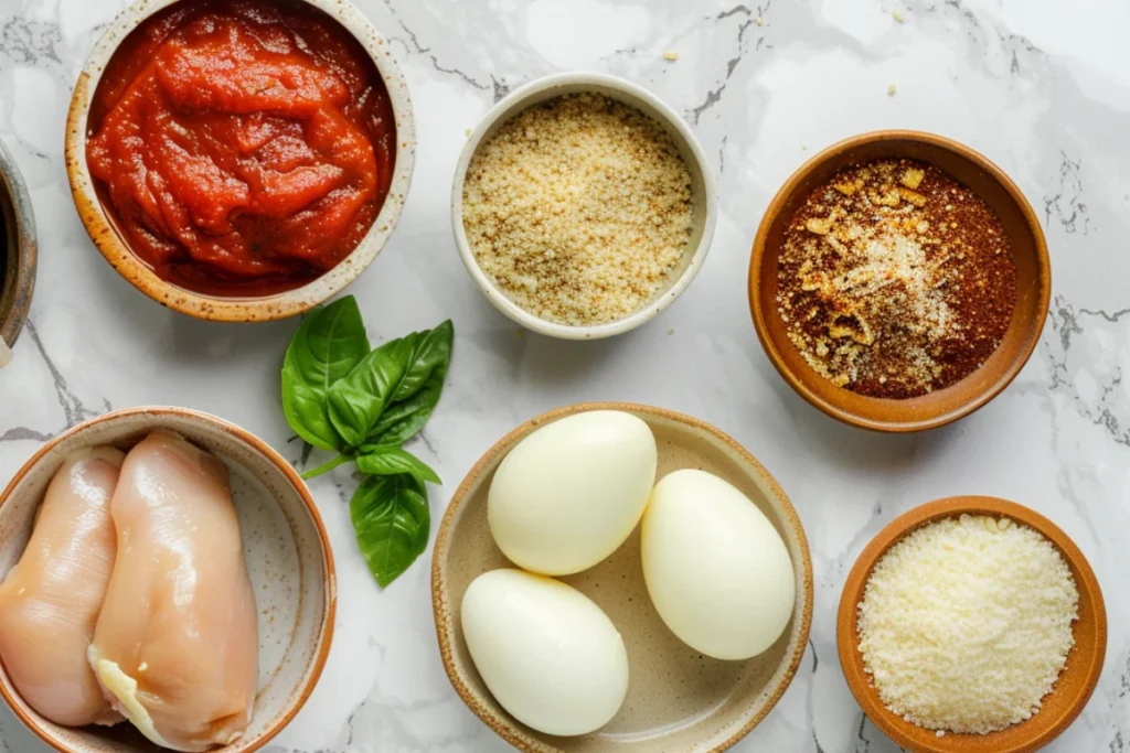 A set of rustic ceramic bowls on a white marble surface, each containing a separate ingredient for Air Fryer Chicken Parmesan, including raw chicken breasts, breadcrumbs with Parmesan cheese, beaten eggs, marinara sauce, shredded mozzarella cheese, Italian seasoning blend, and fresh basil leaves.