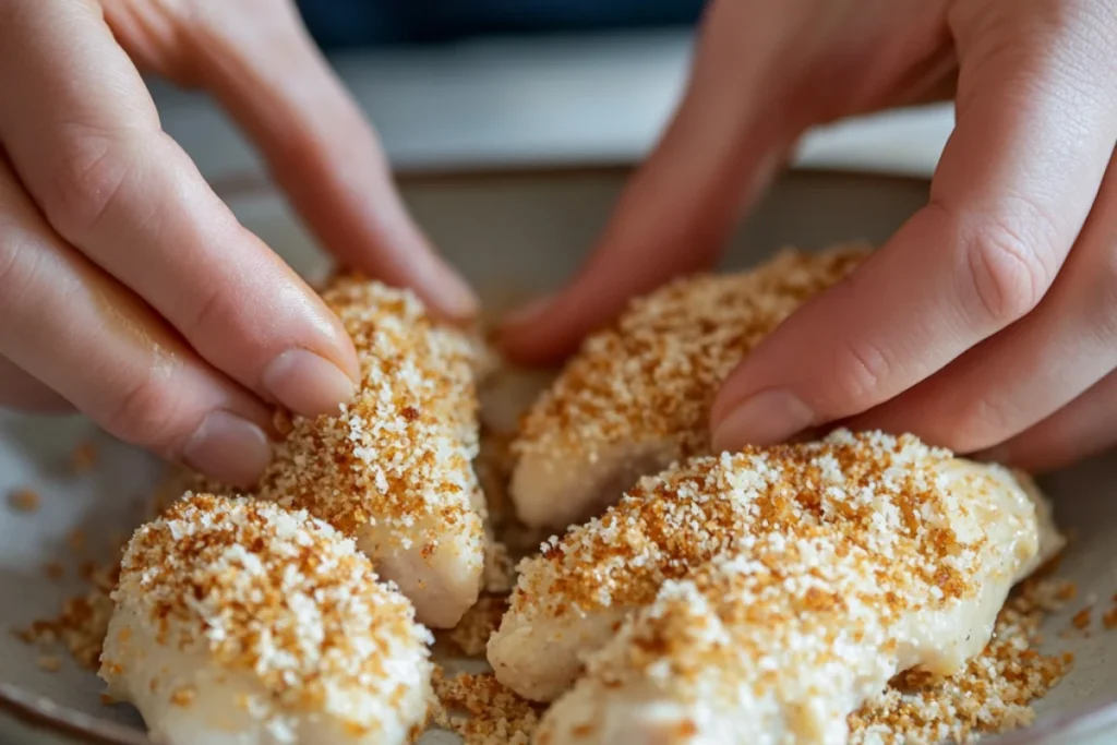 Bread the Chicken – Dip each piece into the egg mixture, then coat it well with the breadcrumb mixture. Press gently so the coating sticks.