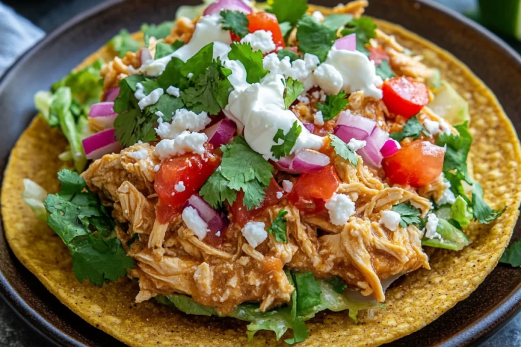 Crunchy Chicken Tostadas; A close-up shot of crispy chicken tostadas on a rustic wooden plate. Each tostada features a crunchy golden shell layered with creamy refried beans, juicy shredded chicken, crisp lettuce, diced tomatoes, red onions, crumbled queso fresco, and a drizzle of sour cream. Garnished with fresh cilantro and lime wedges on the side. A vibrant and mouthwatering Mexican-inspired dish, captured in natural lighting for a fresh and appetizing look.